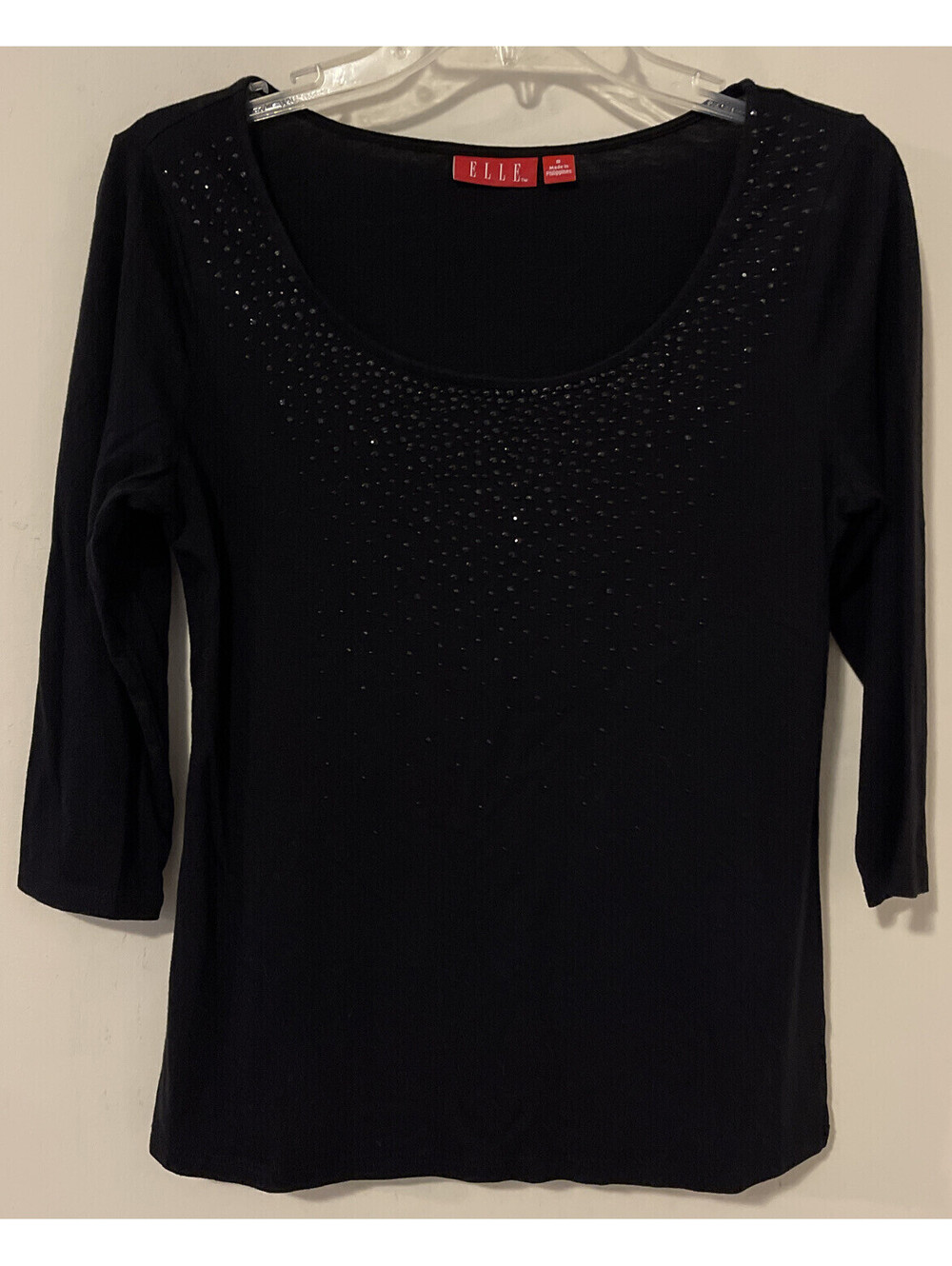 Elle Womens Small Black 3/4-Sleeved Beaded Blouse! A2283